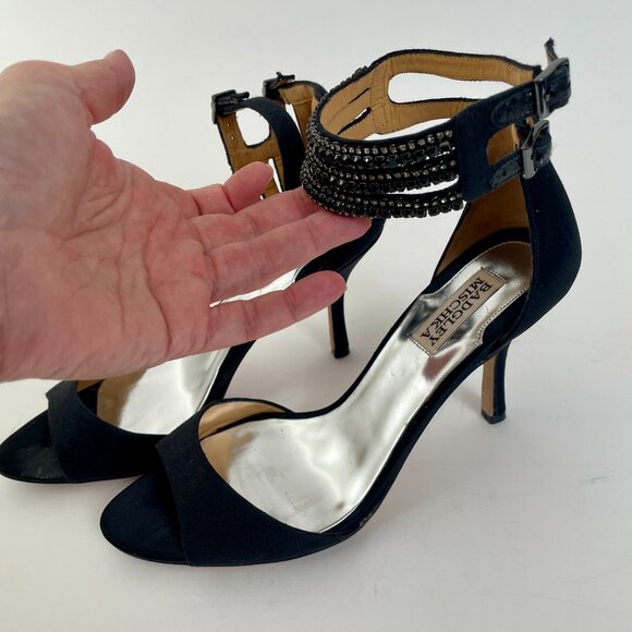 Badgley Mischka Dazzler Black Satin Strappy Heels With Beaded Ankle Strap, Sz 9 - Picture 5 of 10